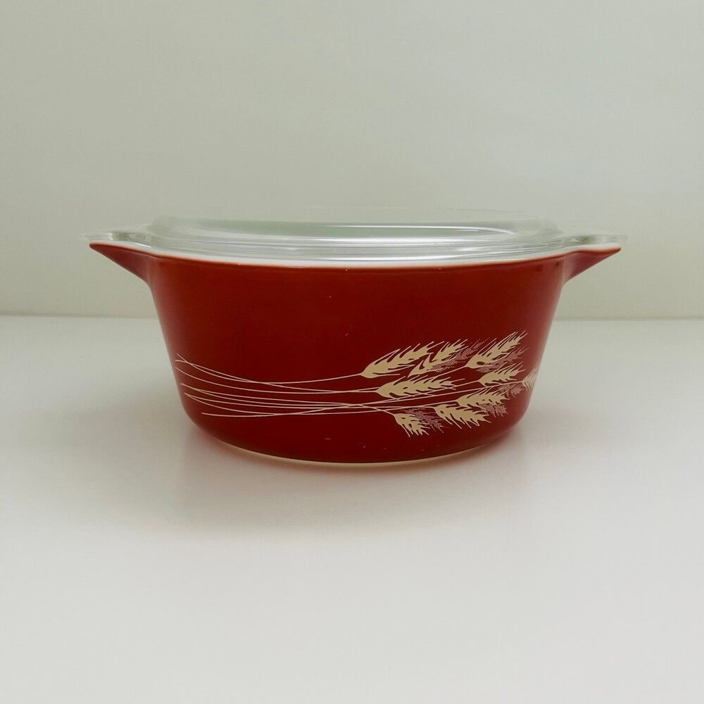 PYREX Burnt Orange Autumn Harvest Wheat Stalk 475-B Casserole Dish 2.5 Qt W Lid